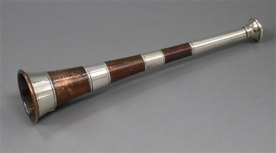A late Victorian silver mounted copper hunting horn, 22.3cm.